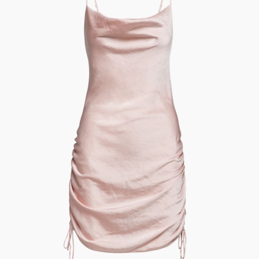 Aritzia “only ruched” slip mini dress in poetic pink, S